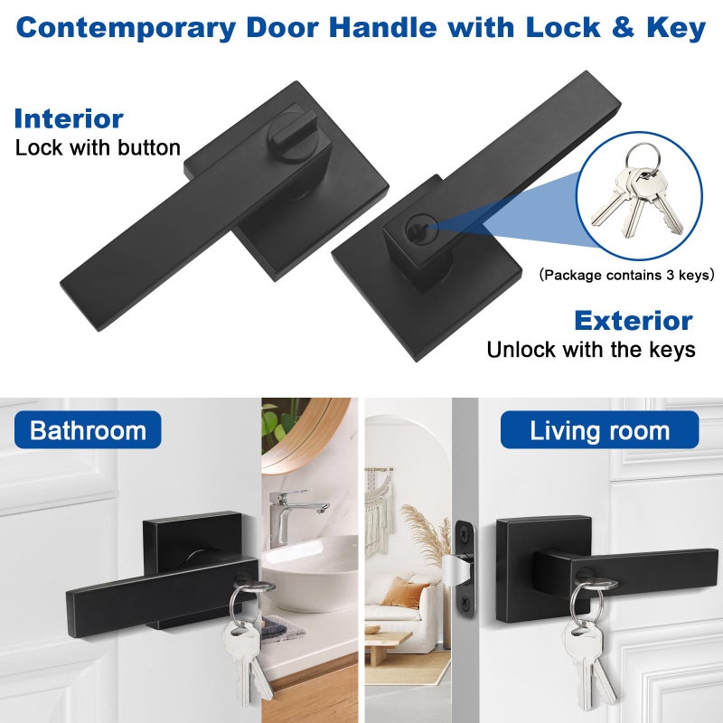 Estmoon Entry Door Handle  Black Door Lever with Lock and Key  Entrance Door Lock Heavy Duty Keyed Exterior Door Knob for Bedroom  Bathroom  Front Door  Office  1 Pack - Image 2